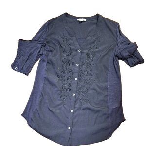 Great Northwest Black Button Down Top L Roll Tab Sleeve Embroidered Lace Boho